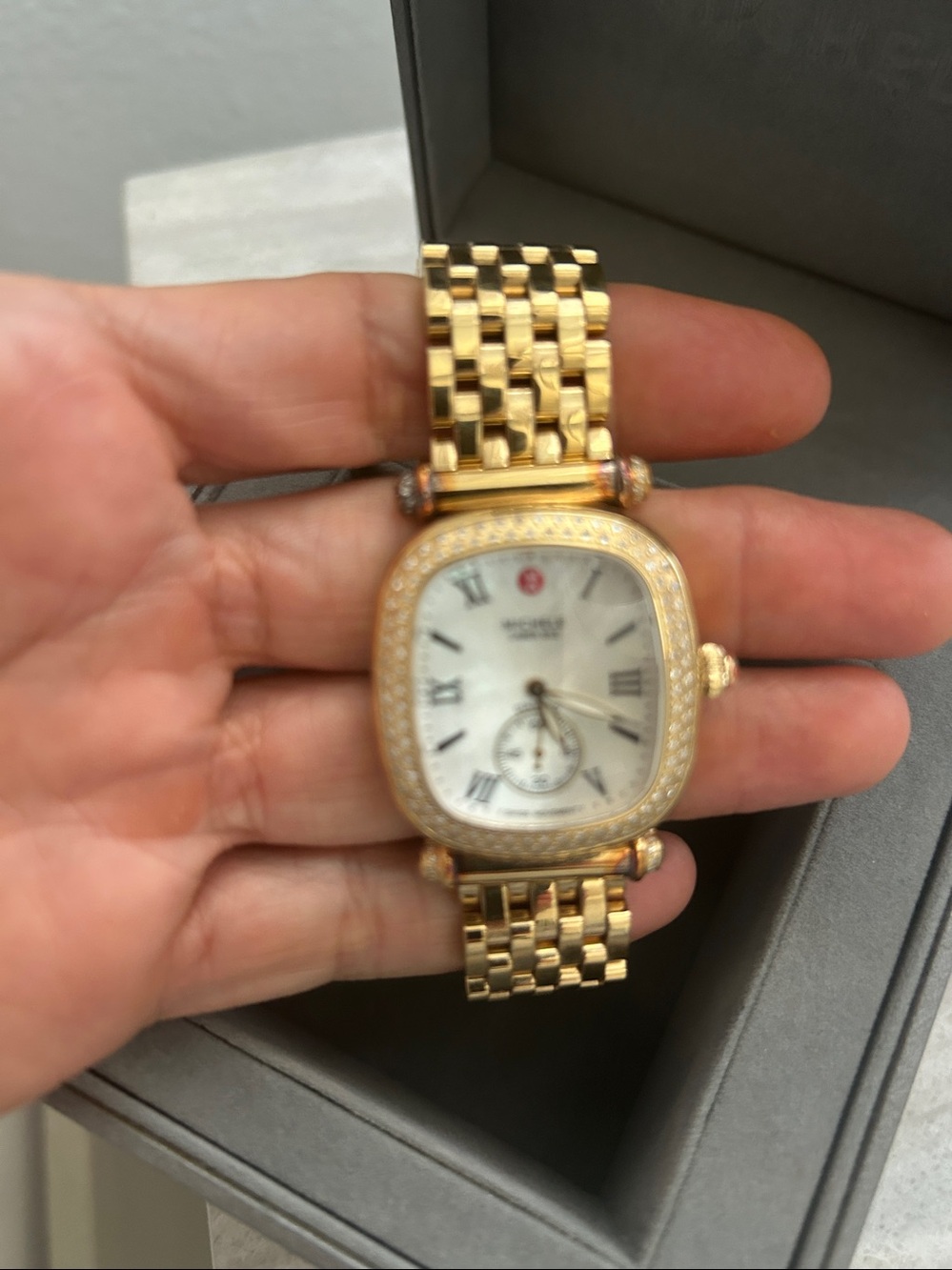Michele Gold-Tone Diamond Bezel Mother-of-Pearl Dial Women's Watch - Picture 15 of 17